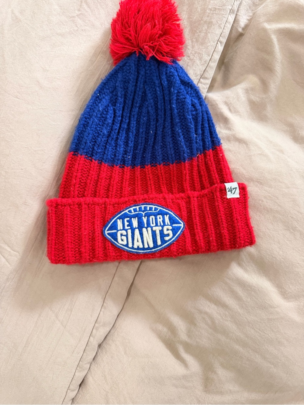 47 Kids New York Giants Red and Blue Pom Knit Hat
